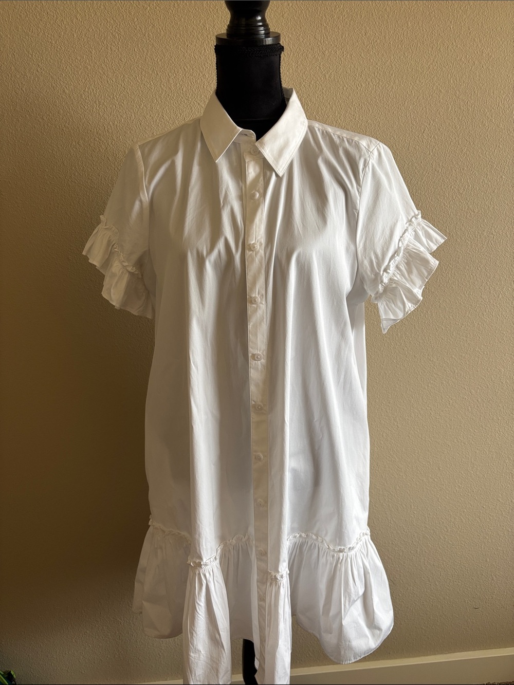J CREW White Ruffle Short-Sleeve Button-Front Tunic